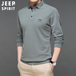 jeep吉普春秋季中青年男士长袖，t恤有领时尚百搭纯色polo衫上衣服