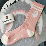 猿人头bape袜子粉色毛巾底长筒女袜中筒加厚纯棉粉红色篮球运动袜