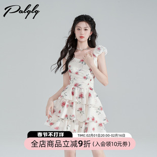 设计感褶皱法式v领连衣裙女夏季气质玫瑰裙荷叶边雪纺短款蛋糕裙