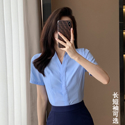 职业衬衫女夏修身气质白衬衣套装蓝色工装上衣V领短袖工作服