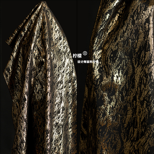 黑金色波浪平纹中国风，双面提花布料汉服，旗袍裙复古服装设计师面料