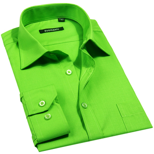 男士长袖绿色衬衣时尚，大码男装纯绿色秋林，墨同款青少年果绿男衬衫