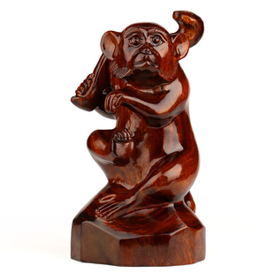 红木工艺品 东阳木雕刻猴子摆件 实木质生肖猴如意寿猴客厅摆设