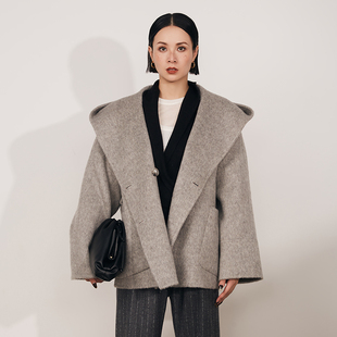 MPAM2023年冬季短款连帽羊毛大衣女双排扣韩系高级感灰色大衣