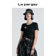 lapargay纳帕佳夏季女装黑色短款上衣，个性时尚休闲短袖t恤潮