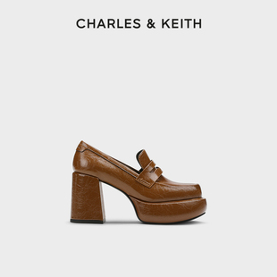 CHARLES&KEITH冬季女鞋CK1-60920356方头厚底高跟乐福鞋单鞋女