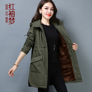 冬季棉袄女中长款女装，韩版加绒军绿色外套棉衣，2023妈妈棉服潮