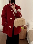 韩国2024年长毛牛角扣双面羊毛，大衣女小短款宽松连帽呢子外套