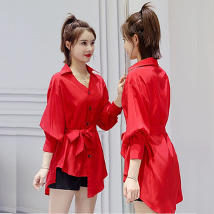 衬衫女设计感小众上衣，2024红色中长雪纺，衫系带前短后长不规则衬衣