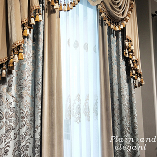 客厅高档窗帘巴洛克欧式大气别墅高窗落地窗丝绒布灰蓝色美式