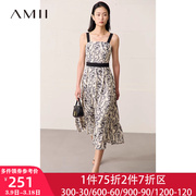 Amii2024夏季设计感青花瓷碎花收腰吊带连衣裙女中长裙子国风