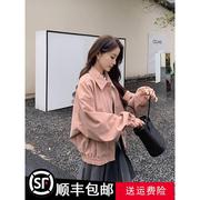 粉色短款小皮衣女春秋2024宽松洋气小个子设计感pu皮夹克外套