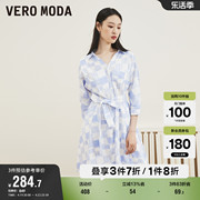 Vero Moda奥莱连衣裙子春秋印花A摆七分袖V领收腰衬衫裙