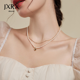 JXRX双层爱心珍珠项链女款轻奢小众叠戴锁骨链14k金颈链心形吊坠