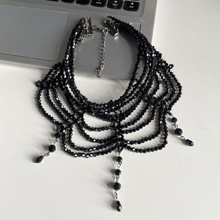 黑色项链纯手工编织多层人造水晶哥特朋克，中世纪串珠项链小众