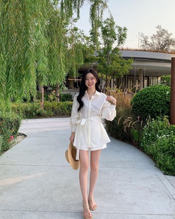 美兔MT 韩国白月光套装腰带衬衫绑带长袖中长款纯色连衣裙