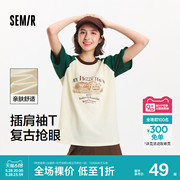 森马短袖T恤女中长款圆领套头衫宽松夏季拼色插肩袖图案衣服时尚