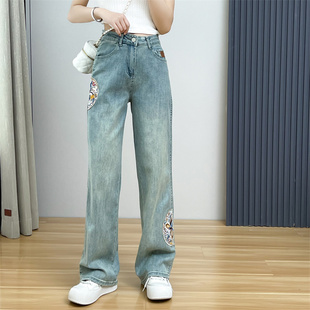 4288中国风刺绣牛仔裤春季女装显瘦弹力新中式高腰长裤