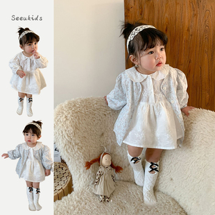 2024春季韩版儿童蕾丝娃娃领裙子小碎花外套女宝宝碎花套装