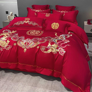 龙凤喜被四件套结婚高档刺绣大红色被套床单床笠婚庆陪嫁床上用品