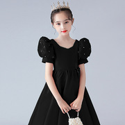 钢琴演奏礼服女童主持人礼服高贵洋气黑色晚礼服女孩演出服公主裙