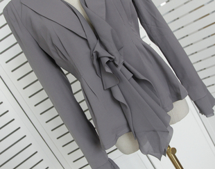 秋季修身女西服灰色韩版气质时尚OL通勤文艺雪纺西装外套收腰显瘦