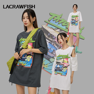 lacrawfish辣妹风宽松下身，失踪拉链镂空露肩，两穿中长t恤连衣裙女