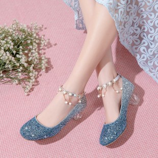 爱莎公主鞋女童高跟鞋水晶鞋蓝色，皮鞋演出走秀单皮鞋(单皮鞋)大童礼服鞋