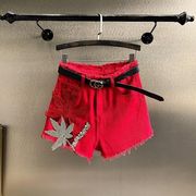 红色牛仔短裤女夏季2023时尚洋气刺绣宽松显瘦阔腿a字裤