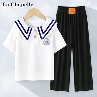 拉夏贝尔女童短袖套装夏季薄款儿童海军领上衣2024中大童夏装