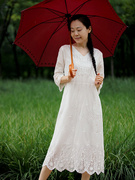 原创小众女装复古法风精致刺绣，v领高腰，显瘦中长款白色连衣裙s174