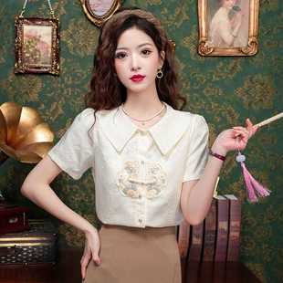 新中式国风刺绣雪纺衬衫女夏季娃娃，领泡泡袖，衬衣气质小衫短袖上衣