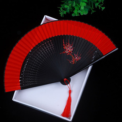 红色丝绸竹骨古风折扇舞蹈扇