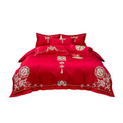 高档奢华中式刺绣全棉婚庆，四件套大红色床单，被套纯棉结婚床上用品