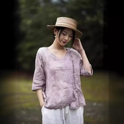 园园美衣24夏苎麻(夏苎麻)重工，满绣t恤纯色圆领七分袖系带新中式