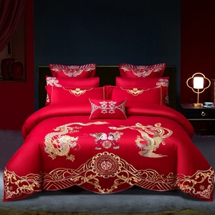 新婚庆(新婚庆)四件套刺绣，大红色喜被结婚房龙凤嫁礼六八件套纯棉床上用品