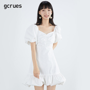 gcrues白色泡泡袖连衣裙，女夏季荷叶边裙短袖，高腰鱼尾裙小个子