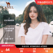 夏日骆驼短袖t恤女白色2025新款打底衫辣妹慵懒风V领纯棉运动上衣