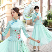 春夏季改良旗袍两件套时尚唐装，女上衣复古中式汉服唐装茶人表演服