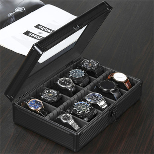 手表盒典雅黑铝合金十格透明玻璃盖大容量首饰盒，高档腕表收纳箱