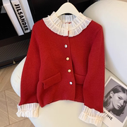 本命年甜美蕾丝拼接领毛衣女秋冬小香风新年红针织开衫高级感外套