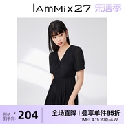 IAmMIX27黑色V领连衣裙女高腰修身显瘦泡泡袖百褶雪纺裙女中长裙