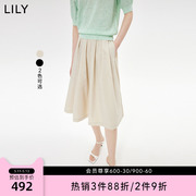 lily2023夏女装(夏女装)复古优雅纯色别致宽边百褶显瘦高腰伞裙半身裙