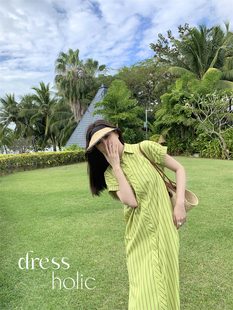 dressholic显白绿色条纹衬衫裙 清凉宽松短袖休闲连衣裙茶歇长裙
