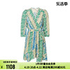 suncoo24春夏绿色复古几何图形民族，风印花女士，v领连衣裙短裙