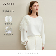 amii法式雪纺衫女2024春季圆领，拼蕾丝绑带灯笼，袖小衫宽松上衣
