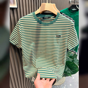 绿色横条纹短袖T恤男2024年夏季纯棉刺绣体恤时尚潮牌ins潮流