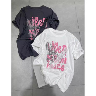 欧货夏美式小粉色字母拼接纱印花短袖T恤女中长款宽松上衣潮