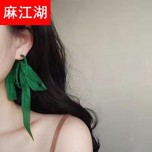 这个绿色有点美~复古气质韩国气质飘带耳坠海边流苏耳环韩版网红