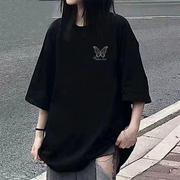 夏季黑色短袖t恤女学生，韩版宽松慵懒风，圆领上衣ins潮
